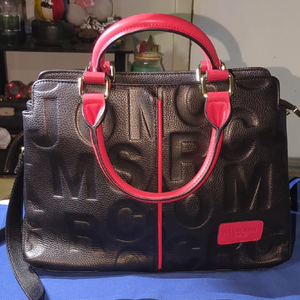 Adriana Black Genuine Leather Letter Handbag with Red Accents $60